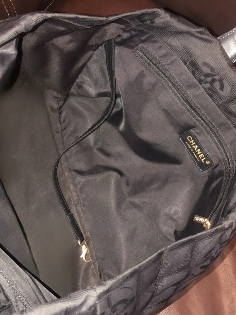 CHANEL Black Leather and Black Canvas Traveline Shoulder Bag AUTHENTIC